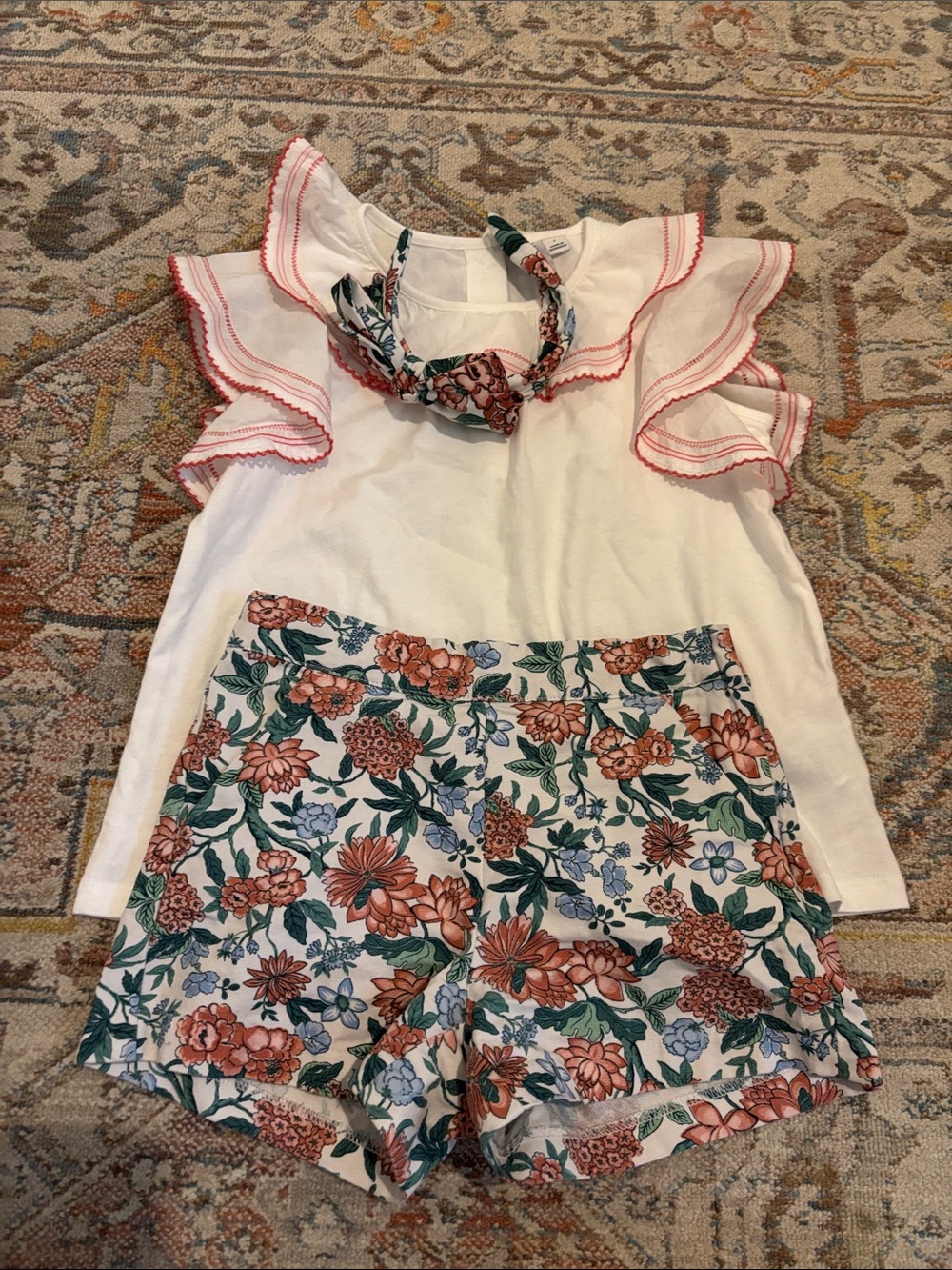 Janie and Jack White Top with Coral Floral Shorts and Headband